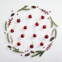 Evergreen tree branch and red berries