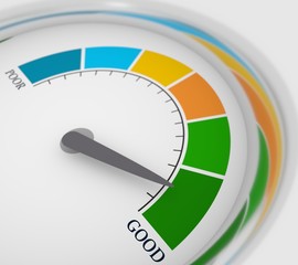 Color scale with arrow from blue to green. The measuring device icon. Sign tachometer, speedometer, indicators. Colorful infographic gauge element. 3D rendering
