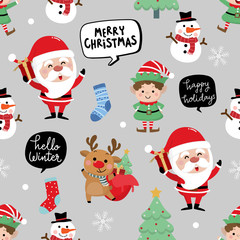 Merry Christmas greeting card background. Santa Claus, deer, snowman and little elf seamless pattern. Cute holiday cartoon character vector set.