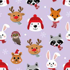 Christmas holidays seamless pattern background. Cute wildlife animal face with polar bear, reindeer, squirrel, owl. racoon and rabbit in winter costume. - Vector