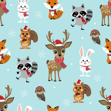 Cute forest animals in Christmas holidays seamless pattern.  Wildlife cartoon character vector set. Deer, raccoon, rabbit, owl, fox and squirrel in winter costume.