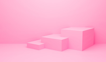 3d render interior of pink abstract geometric background or texture. Bright pastel podium or stairs for product display. Cube pedestal template design. Blank minimal concept on website in modern.