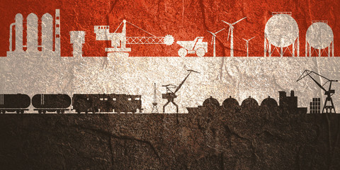 Energy and power icons set on Yemen flag backdrop. Header or footer banner. Sustainable energy generation, transportation and heavy industry.