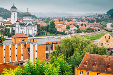 The Holy Trinity Orthodox Cathedral and Sighisoara old town panorama view in Romania