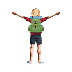 man back with camping backpack and arms up icon