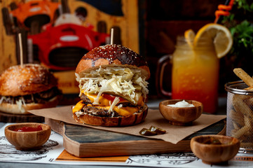burger with meat cheese and cabbage