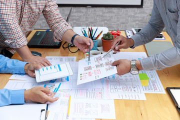 Graphic designers work together with UX UI designer planning application template layout framework...
