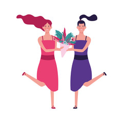 happy women with flowers bouquet icon, colorful design