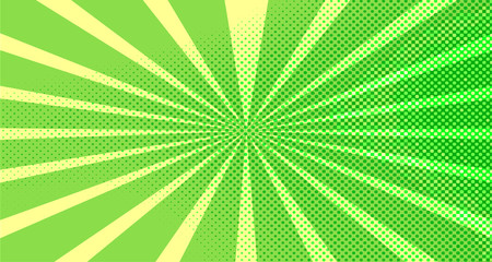 Vintage colorful comic book background. Green blank bubbles of different shapes. Rays, radial, halftone, dotted effects. For sale banner for your designe 1960s. Copy space vector eps10.