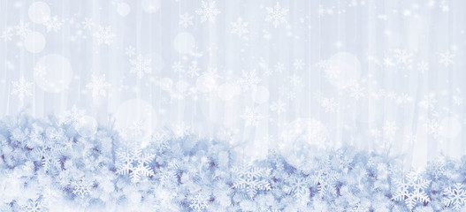 Silver snowflakes shape and glitter on pine leaves background.