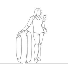 Continuous single one line drawn line of a passenger with a mobile phone with cellular and suitcase luggage.