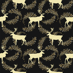Seamless pattern with deer. Pattern with silhouettes of deer on a dark background with golden sparks. Vector 8 EPS.