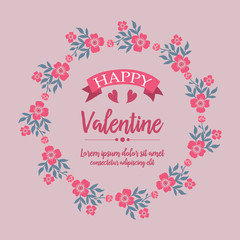 Elegant modern pink flower frame, for lettering card of happy valentine. Vector