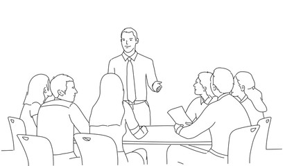 Group of business people working and communicating. Line drawing vector illustration.