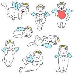 Angel kittens. Hand drawn illustrations of cute angel cat characters isolated on a white background. Vector 8 EPS.