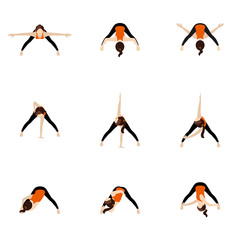 Wide legged forward bend twist variations yoga asanas set/ Woman practicing parivrtta prasarita padottanasana