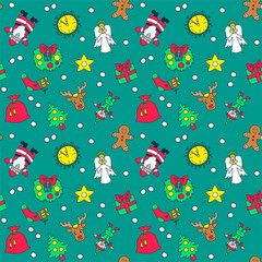 The colorful pattern of christmas symbols: star, gift, elf, snowman, christmas tree, etc. on white. Doodle illustration. Vector 8 EPS