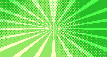 Vintage colorful comic book background. Green blank bubbles of different shapes. Rays, radial, halftone, dotted effects. For sale banner for your designe 1960s. Copy space vector eps10.