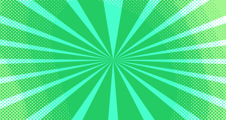 Vintage colorful comic book background. Green blank bubbles of different shapes. Rays, radial, halftone, dotted effects. For sale banner for your designe 1960s. Copy space vector eps10.