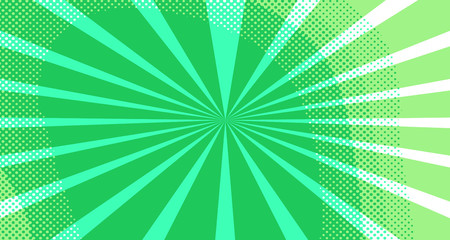 Vintage colorful comic book background. Green blank bubbles of different shapes. Rays, radial, halftone, dotted effects. For sale banner for your designe 1960s. Copy space vector eps10.