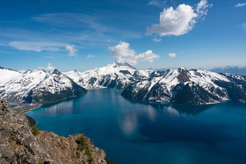 Garibaldi Lake in Garibaldi Provincial Park in British Columbia, Canada. Blue sky white clouds