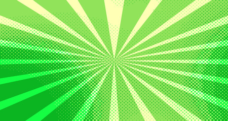 Vintage colorful comic book background. Green blank bubbles of different shapes. Rays, radial, halftone, dotted effects. For sale banner for your designe 1960s. Copy space vector eps10.