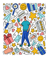 Client feedback concept, online service evaluation, customers review. Hand drawn colorful doodle modern set - man with phone, rank and rating scale stars, paper plane, gift box, hand, Vector line art