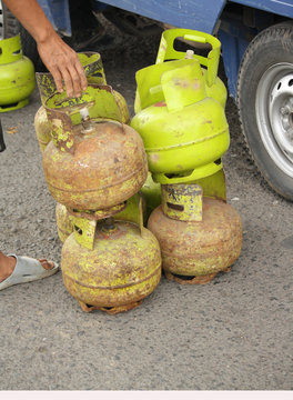 LPG Cooking Gas Tank , Rusty Green Gas Tank