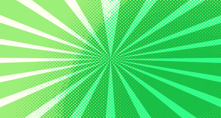 Vintage colorful comic book background. Green blank bubbles of different shapes. Rays, radial, halftone, dotted effects. For sale banner for your designe 1960s. Copy space vector eps10.