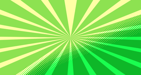 Vintage colorful comic book background. Green blank bubbles of different shapes. Rays, radial, halftone, dotted effects. For sale banner for your designe 1960s. Copy space vector eps10.