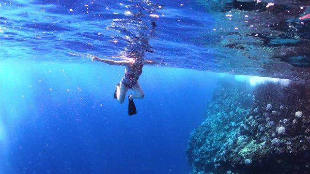 Under Water View Of Young Woman Swimming In Tropical Sea