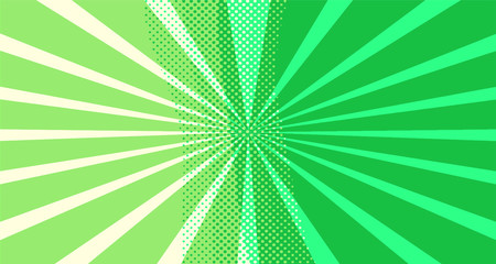 Vintage colorful comic book background. Green blank bubbles of different shapes. Rays, radial, halftone, dotted effects. For sale banner for your designe 1960s. Copy space vector eps10.