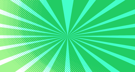 Vintage colorful comic book background. Green blank bubbles of different shapes. Rays, radial, halftone, dotted effects. For sale banner for your designe 1960s. Copy space vector eps10.