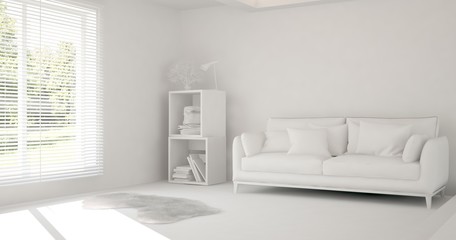 Mock up of stylish room in white color with sofa. Scandinavian interior design. 3D illustration