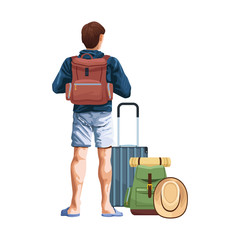 man back with travel suitcase and backpack icon