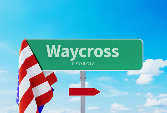 Waycross – Georgia. Road or Town Sign. Flag of the united states. Blue Sky. Red arrow shows the direction in the city. 3d rendering