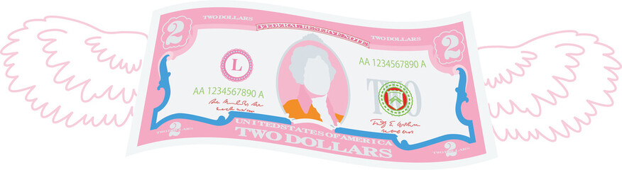 Colorful Feathered Deformed 2 dollars note