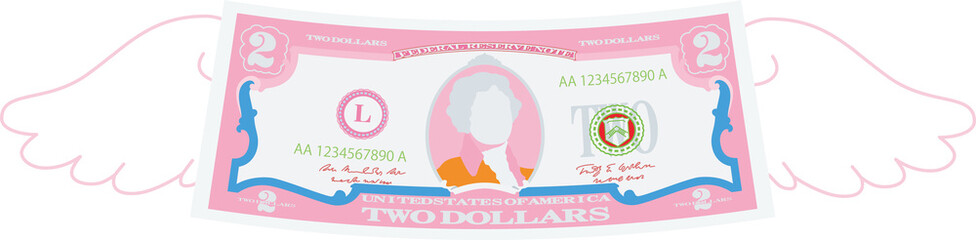 Colorful Feathered Deformed 2 dollars note