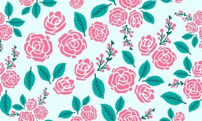 Drawing seamless rose floral pattern, isolated on bright background.