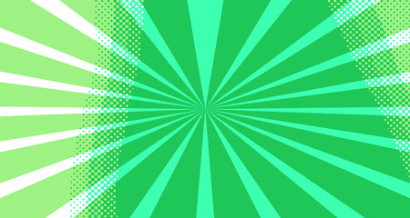 Vintage colorful comic book background. Green blank bubbles of different shapes. Rays, radial, halftone, dotted effects. For sale banner for your designe 1960s. Copy space vector eps10.