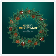 Christmas Wreath with Green Fir Branch and Cones on Green Background.