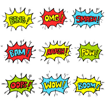 set of Hand drawn comic speech bubbles with emotion and text . vector doodle comic explosion cartoon illustrations isolated for posters, banners, web, and concept design