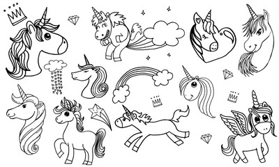 doodle style illustration hand drawn of unicorn set isolated on white background