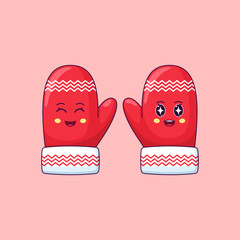 Cartoon kawaii Mittens with Smiling eyes and Admiring face. Cute red Mittens with pattern for Christmas celebration