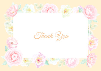 Floral 'Thank you' card with beautiful realistic pink camellia flowers, Perfect for wedding, greeting,thank you card  or invitation design
