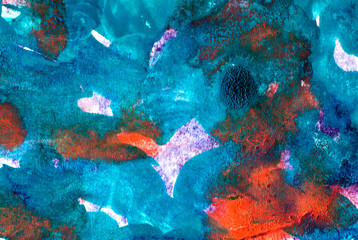 Blue and orange. Texture of gouache spots and lines. Design for notebooks, fabrics. 
