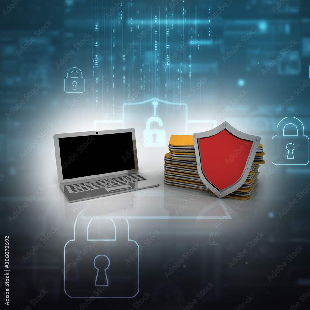 Poster 3d rendering laptop with shield near folder