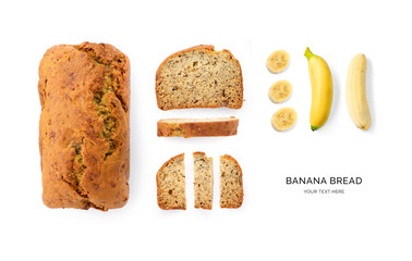 Creative layout made of banana bread on the white background. Flat lay. Food concept. Macro concept.