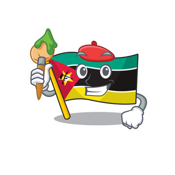 recommend clip art: Cheerful flag mozambique Artist cartoon character with brush