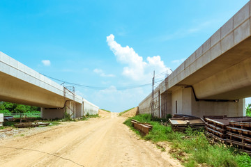 Unfinished of construction of the large concrete bridge of the motorway elevation for the development of travel from Thailand to Dawei in Myanmar.